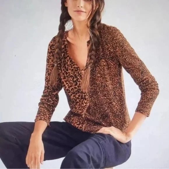 Anthropologie Pilcro Split Neck Leopard Print Thermal Top S - Picture 1 of 15